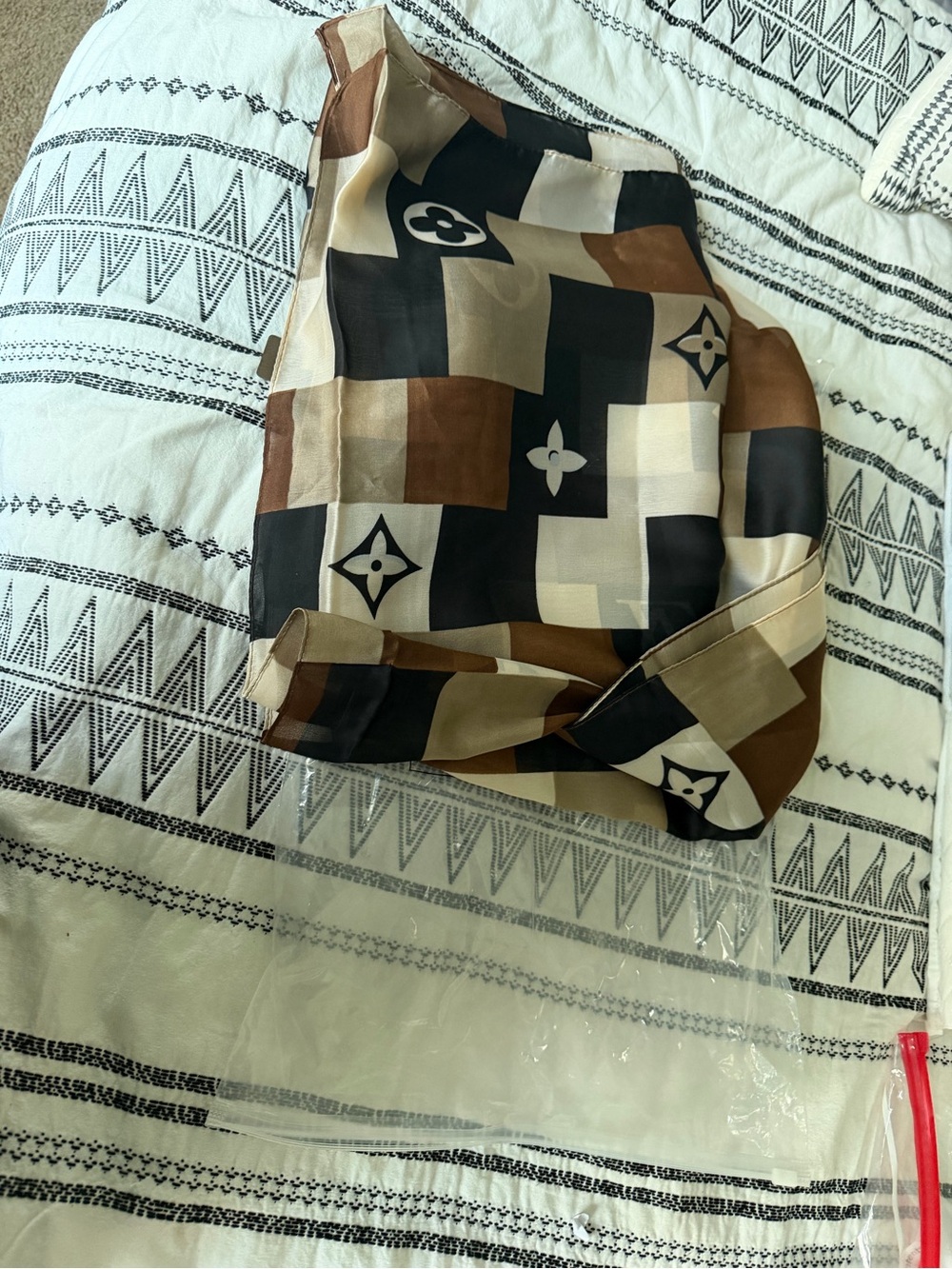 Brown & Black Geometric Monogram Silk Scarf - Picture 3 of 4